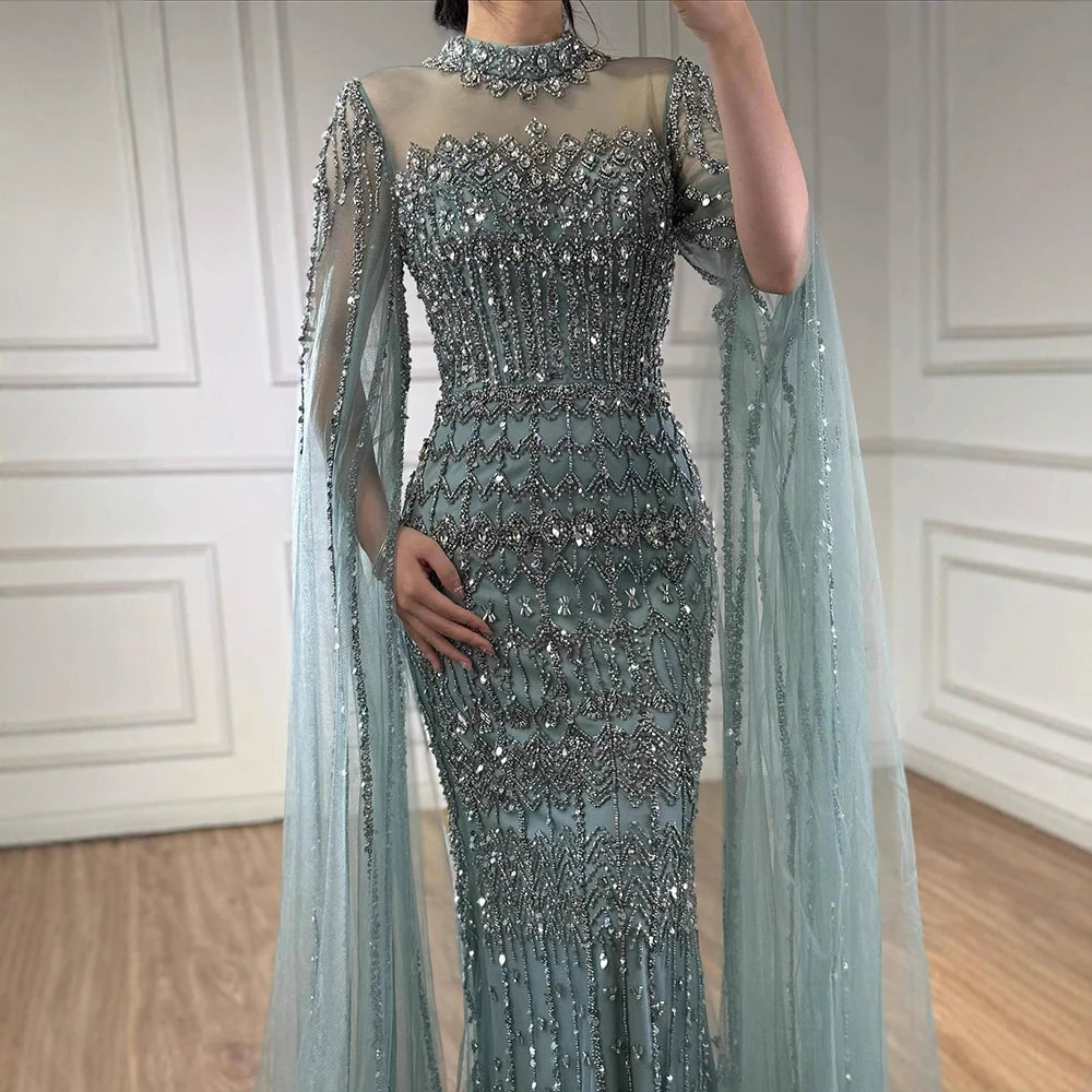 Blue Beaded Evening Dress With Cape Sleeves Custom Formal Gown For Women