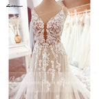 Custom Lace V Neck Wedding Dress Appliqued Court Train Boho Bridal Gown