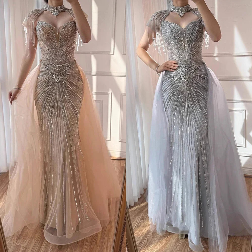 Nude Mermaid Tassel Beaded Evening Dress With Detachable Overskirt Custom