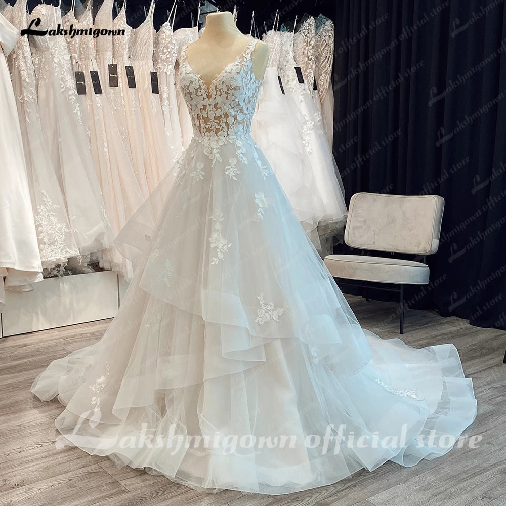 Custom V Neck Wedding Dress With Appliques And A Line Court Train