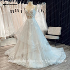 Custom V Neck Wedding Dress With Appliques And A Line Court Train