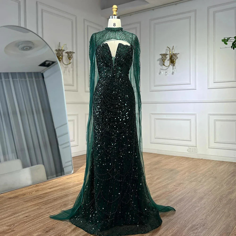 Luxury Evening Dress Nude Pearls Beaded Gown With Tulle Train LA72189A