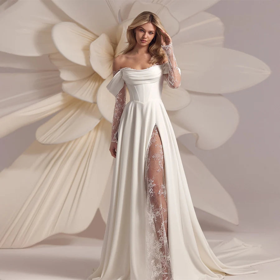 Custom Strapless Corset Lace Sleeve A Line Front Split Wedding Dress