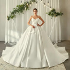 Custom Satin Strapless Wedding Dress Sweetheart Bow Pleat A Line Ball Gown