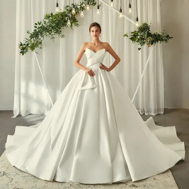 Custom Satin Strapless Wedding Dress Sweetheart Bow Pleat A Line Ball Gown