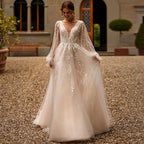 Custom Princess Wedding Dress With Illusion Back And Puff Sleeves