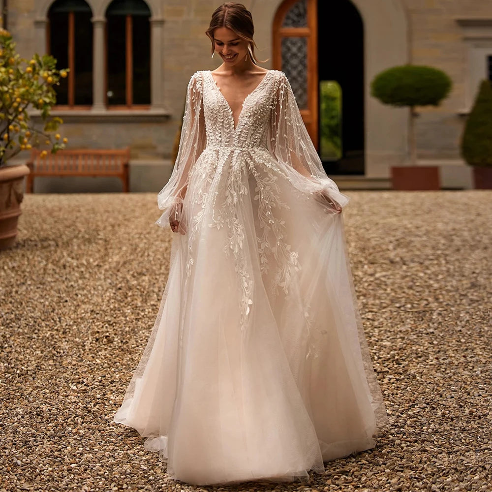 Custom Princess Wedding Dress With Illusion Back And Puff Sleeves