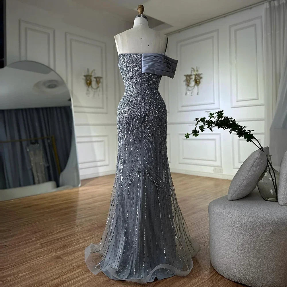 Custom Grey Mermaid One Shoulder Beaded Long Evening Gown