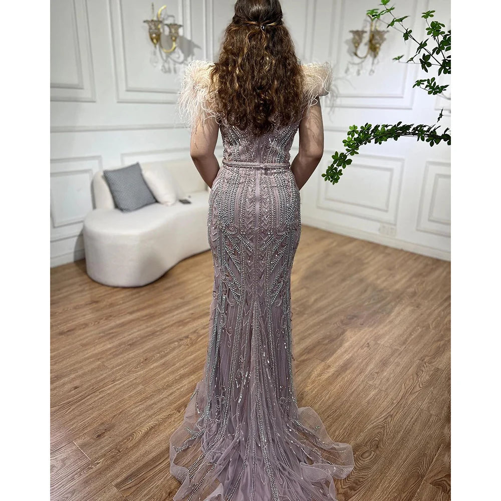 Custom Lilac Feather Beaded Mermaid Evening Dress 2025 Elegant Party Gown Women