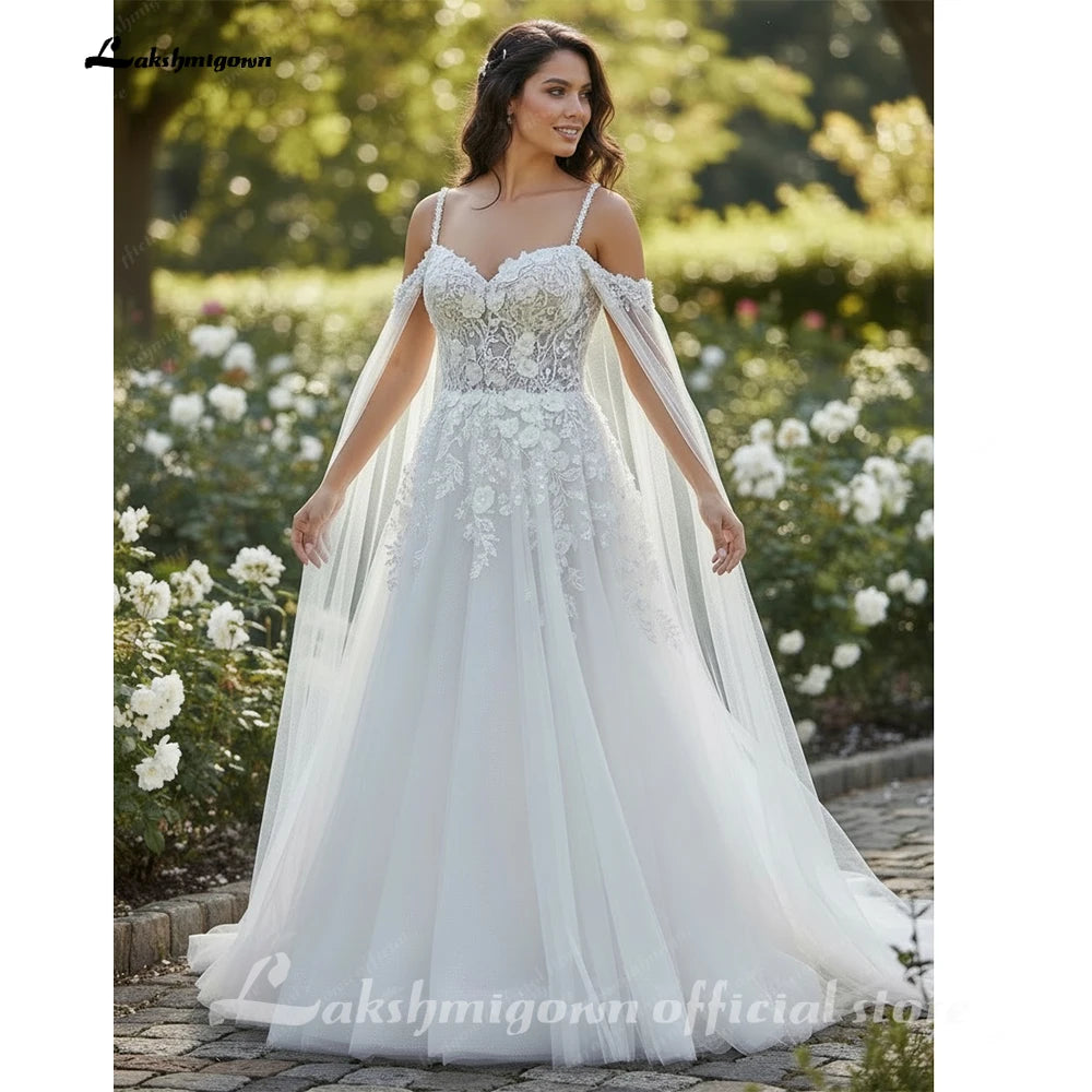 Custom Lace Spaghetti Strap Bridal Gown With Detachable Cape For Brides