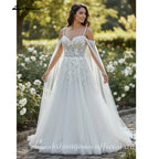 Custom Lace Spaghetti Strap Bridal Gown With Detachable Cape For Brides
