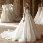 Custom A Line Lace Wedding Dress Long Sleeves V Neck Court Train Bridal Gown