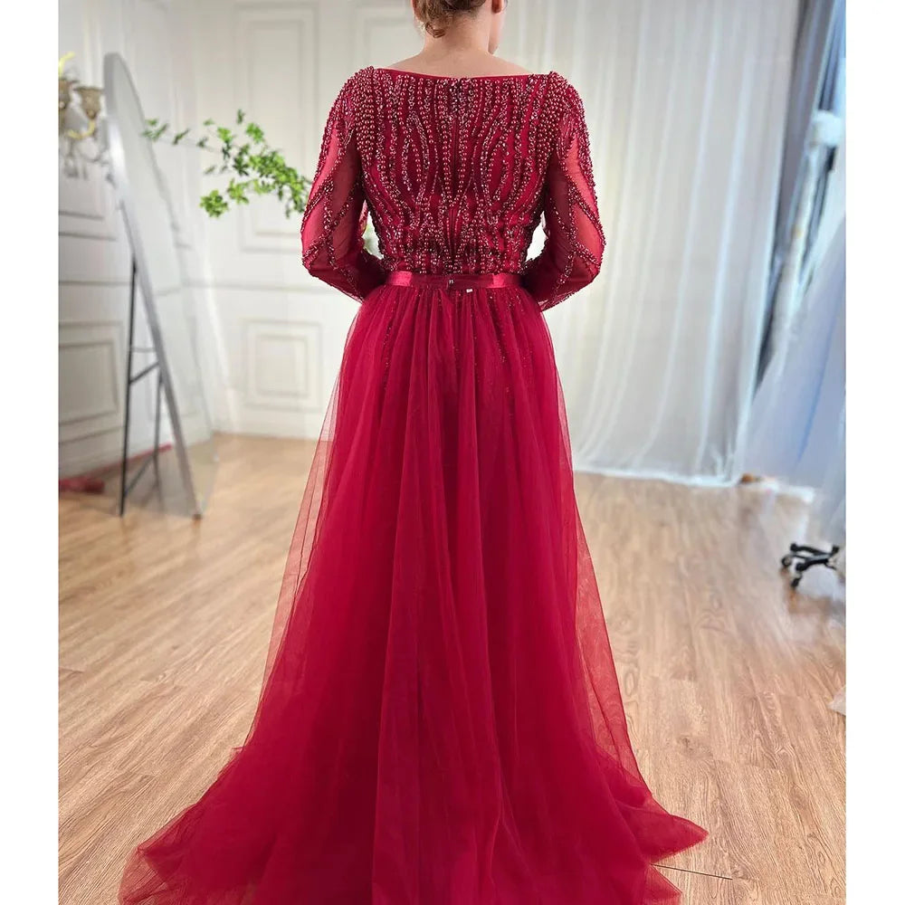 Custom Blue Long Sleeve Mermaid Pearl Beaded Evening Dress Women Wedding Gown