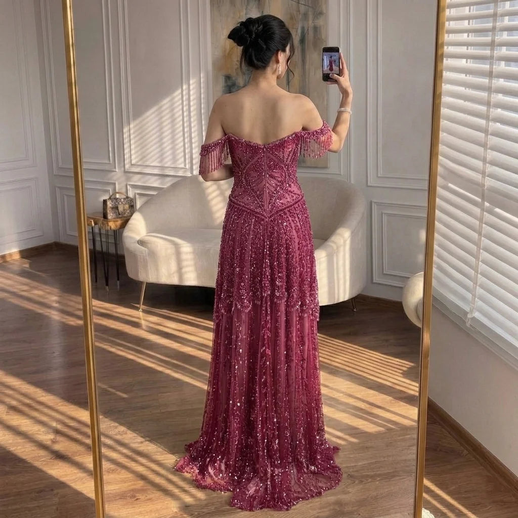 Serene Hill Fuchsia Beaded Off Shoulder Wedding Evening Dress Gown