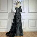 Arabic Blue One Shoulder Evening Gown With Side Overskirt Beaded Dress For Women Party Luxury Dubai LA72662