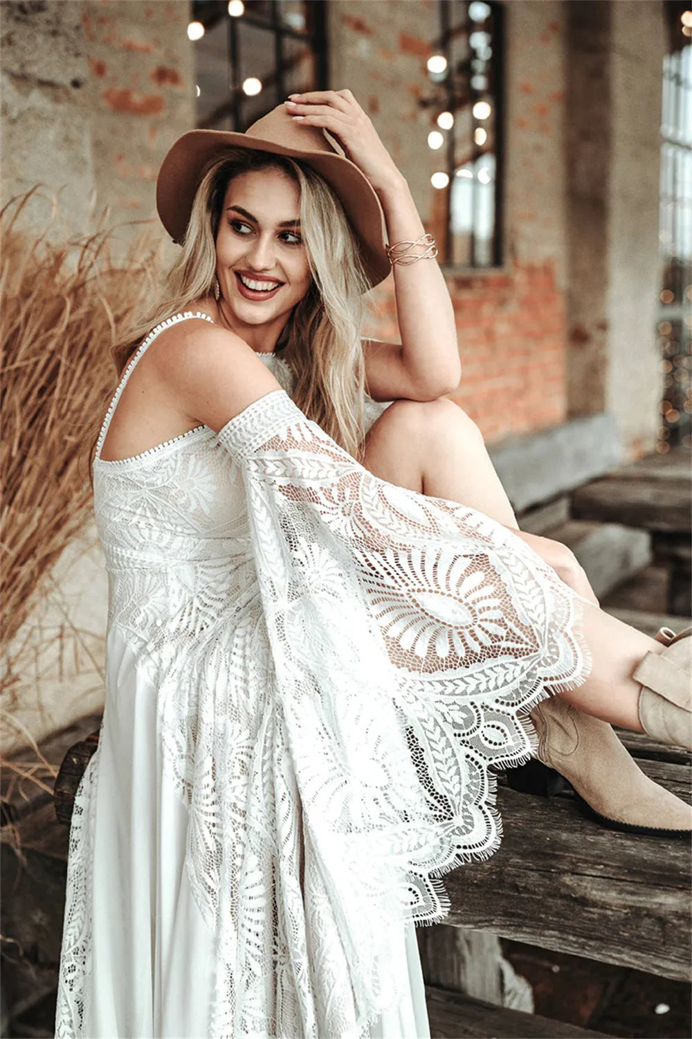 Bohemian Cold Shoulder Wedding Dress With Bell Sleeves And Side Slit
