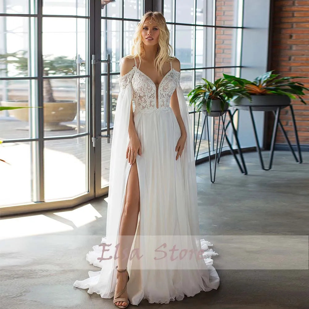 Elegant Beach Wedding Dress With High Side Slit And Lace
