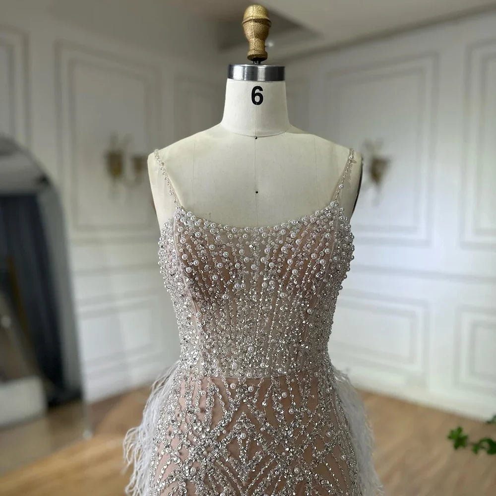 Serene Hill White Beaded Feathered Mermaid Evening Dress Custom Women