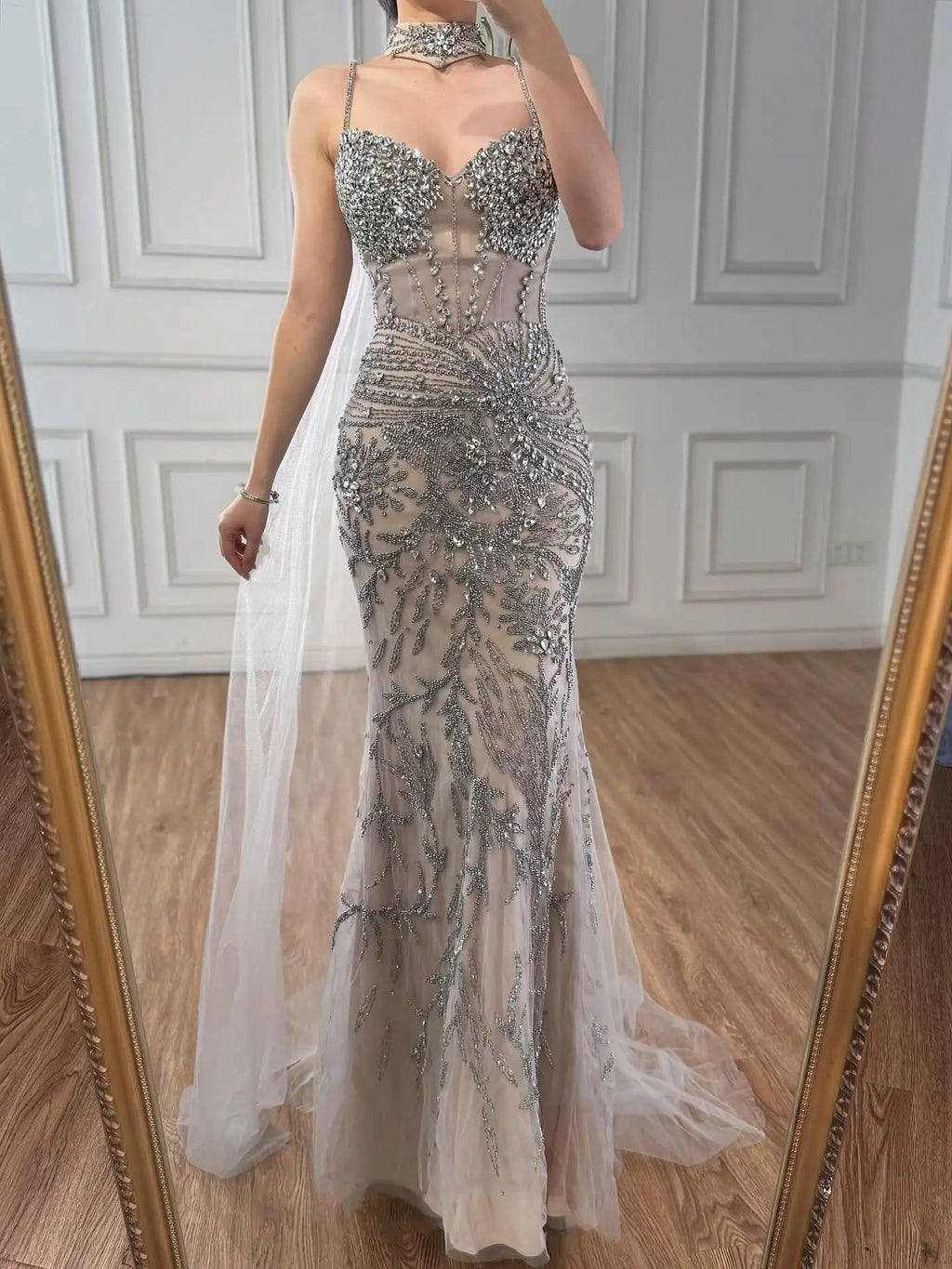 Luxury Evening Dress Grey Beaded With Cape Prom Gown LA73342