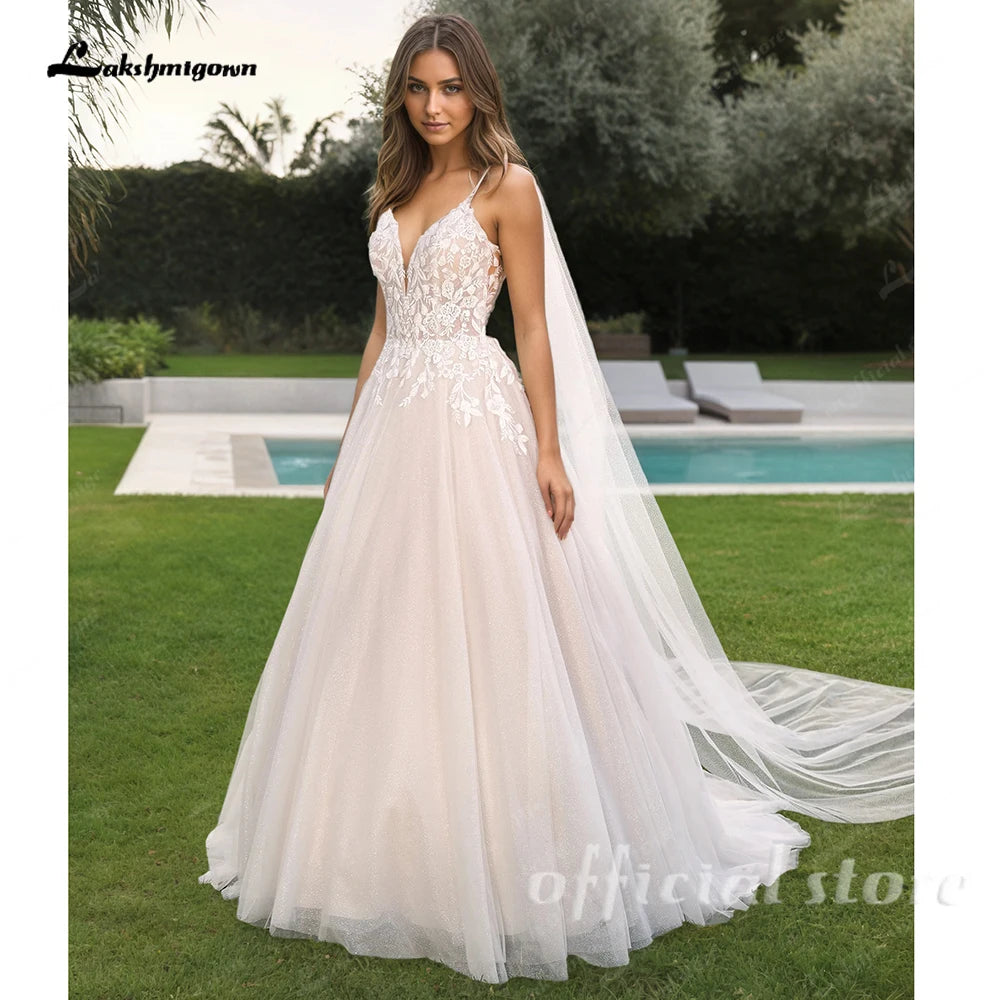 Lakshmigown Boho A Line Tulle Wedding Dress With V Neck Spaghetti Straps Custom