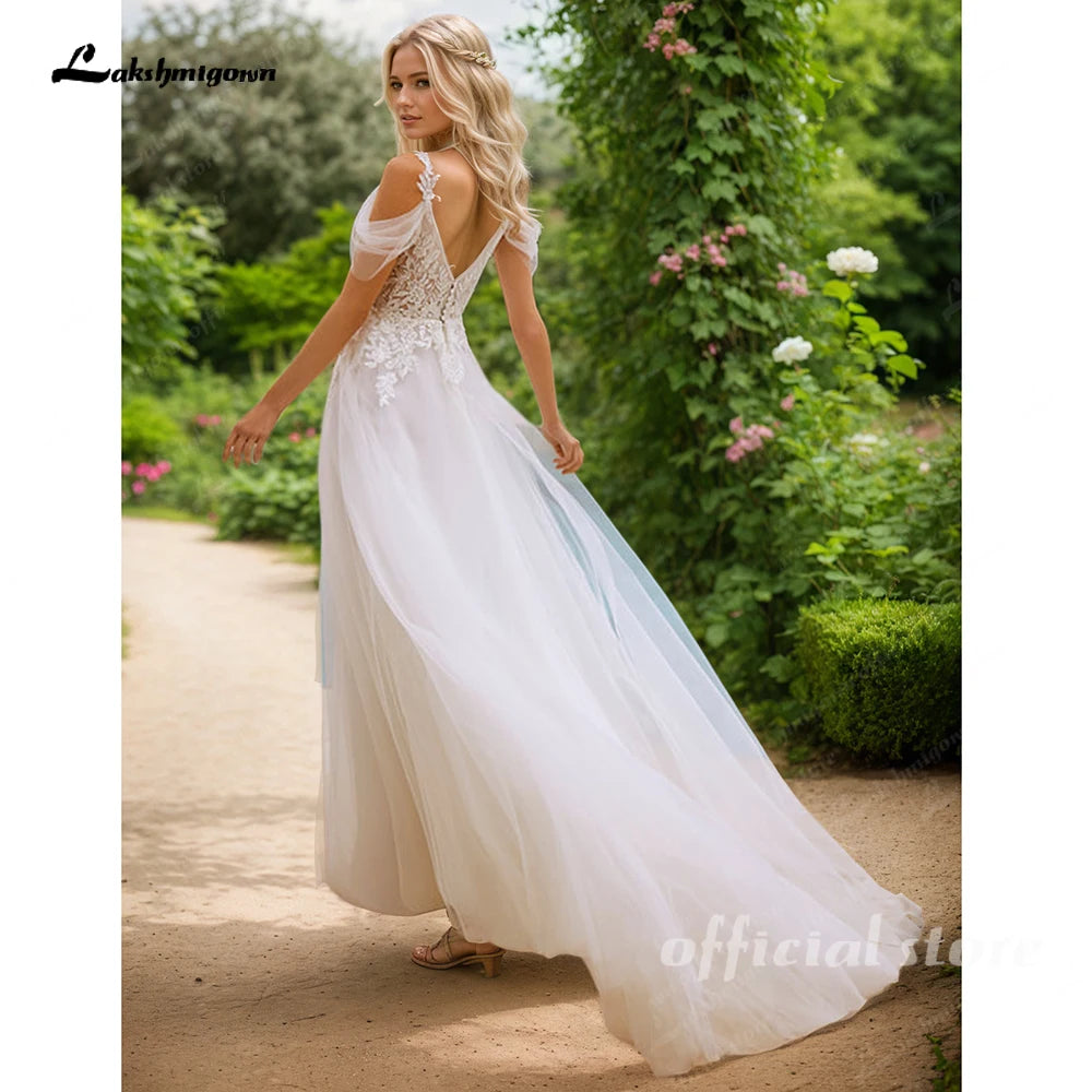 Custom Lakshmigown Tulle A Line Off Shoulder V Neck Bridal Wedding Dress