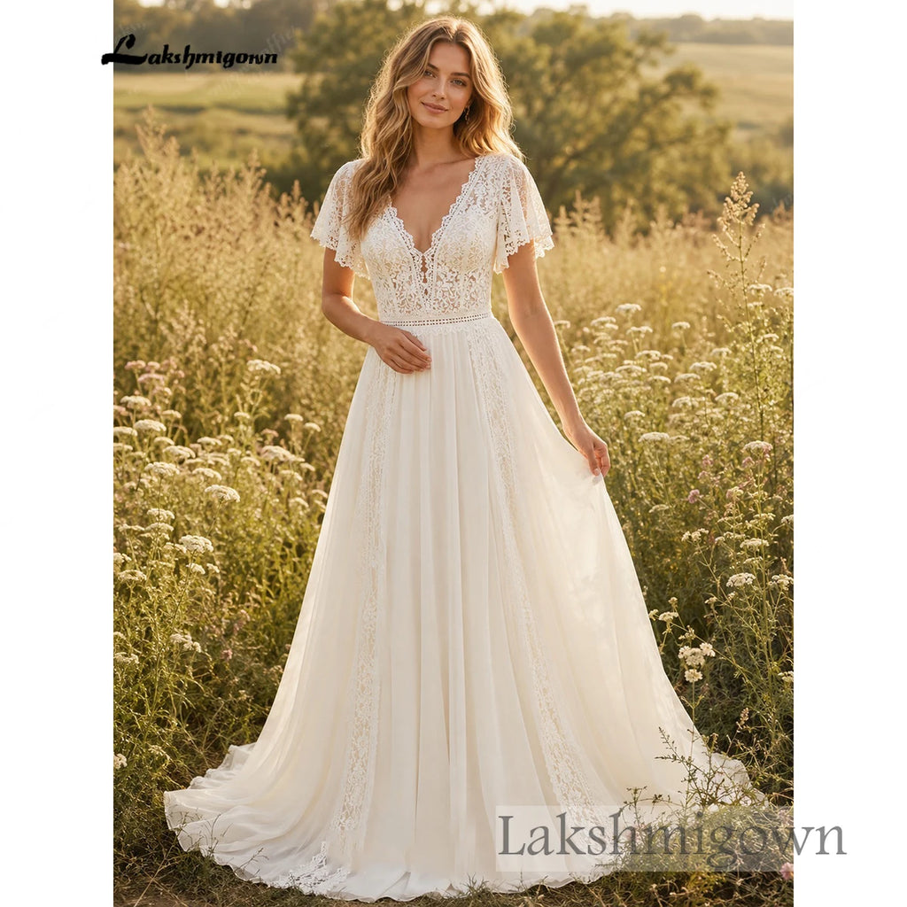 Lakshmigown Boho Beach Chiffon Wedding Dress With Lace Appliques Custom Gown