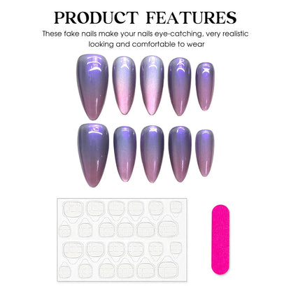 10 uñas postizas brillantes de ojo de gato, color morado nude, almendra, hechas a mano, para uso diario, para fiestas, manicura para mujer. 