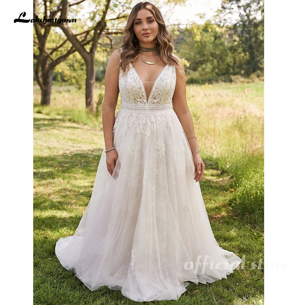 Plus Size Boho Lace A Line V Neck Customized Wedding Dress