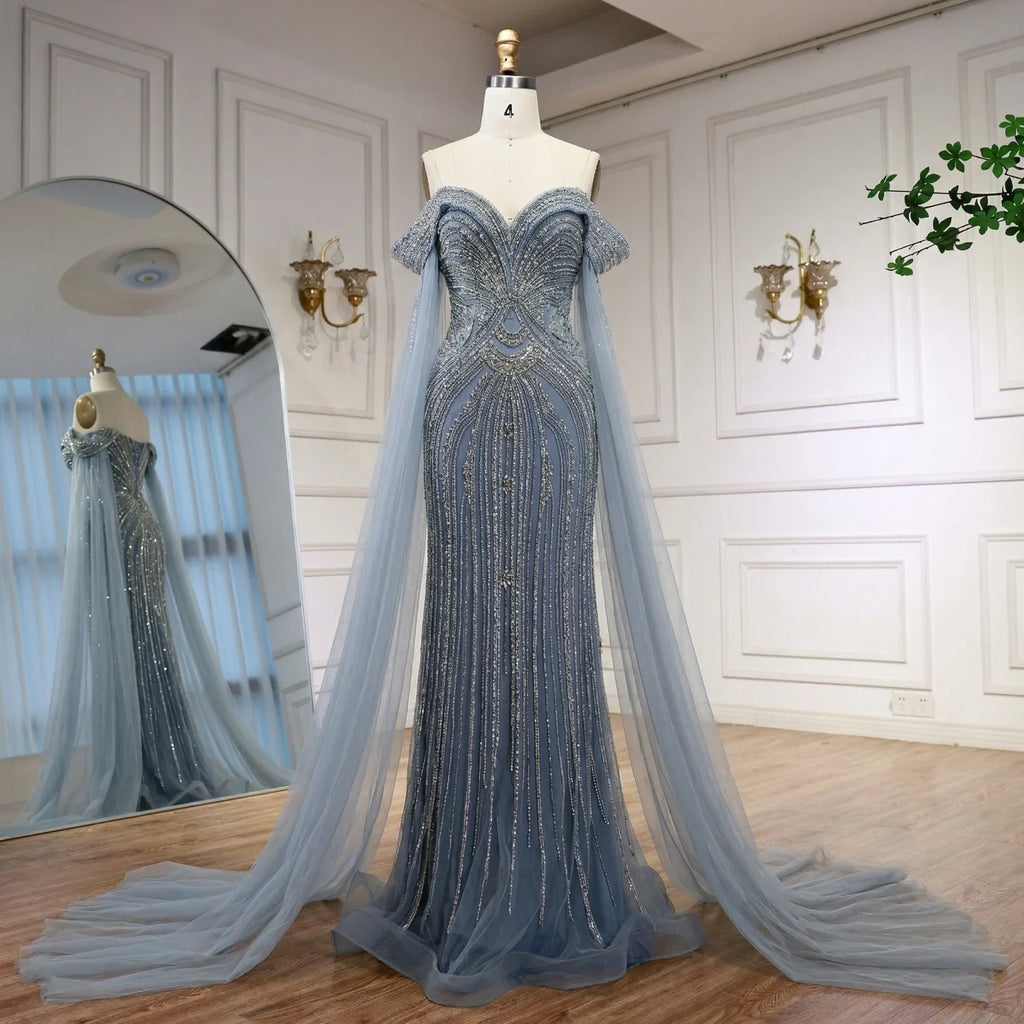 Serene Hill Dusty Blue Off Shoulder Beaded Mermaid Custom Evening Gown