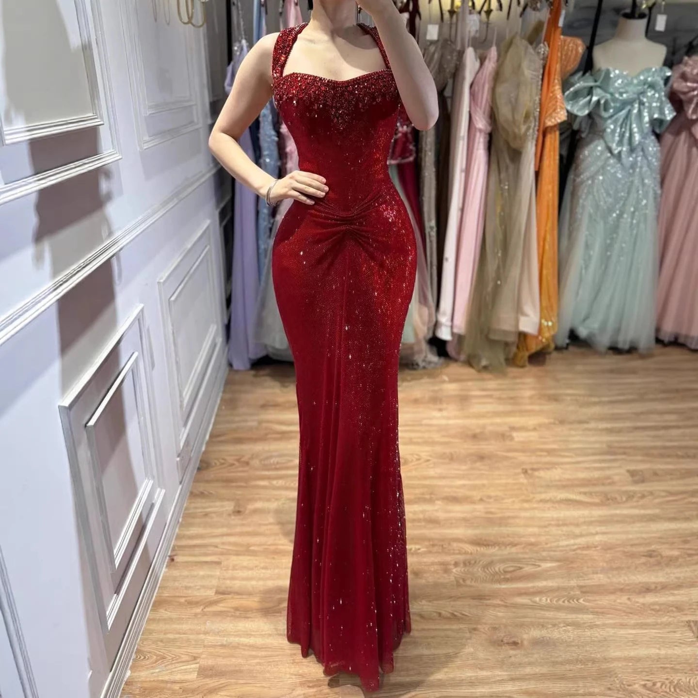 Rose Gold Mermaid Beaded Evening Dress With Ruched Waist Custom Wedding Gown