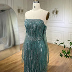 Serene Hill Turquoise Strapless Beaded Mermaid Evening Gown With Gloves