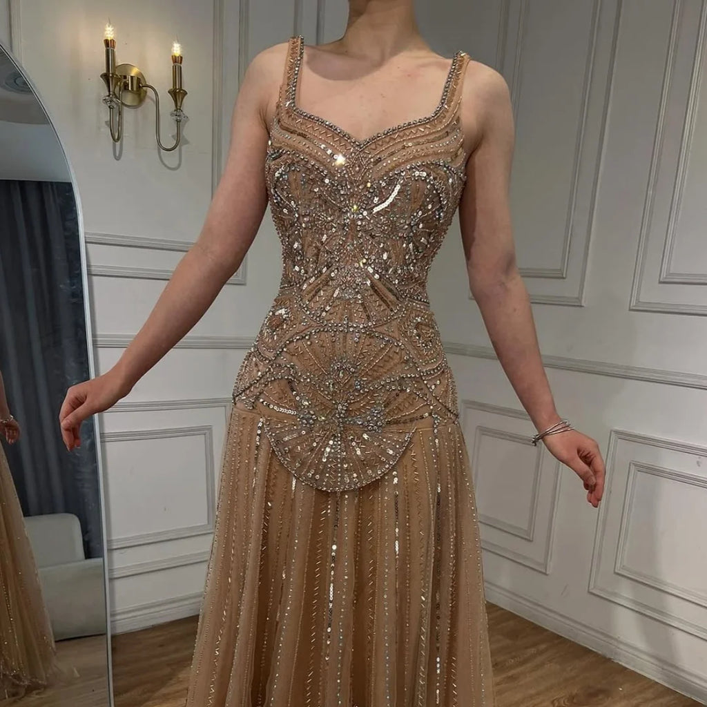 Serene Hill Custom Nude A Line Beaded Luxury Evening Party Gown 2026