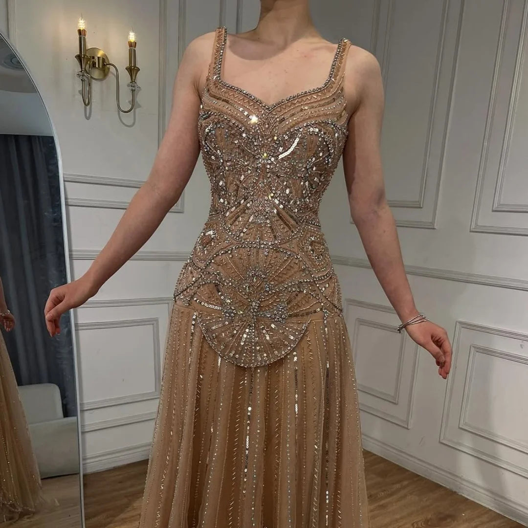 Serene Hill Custom Nude A Line Beaded Luxury Evening Party Gown 2026