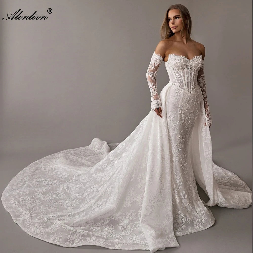 Alonlivn Custom Beaded Lace Mermaid Wedding Gown With Removable Train