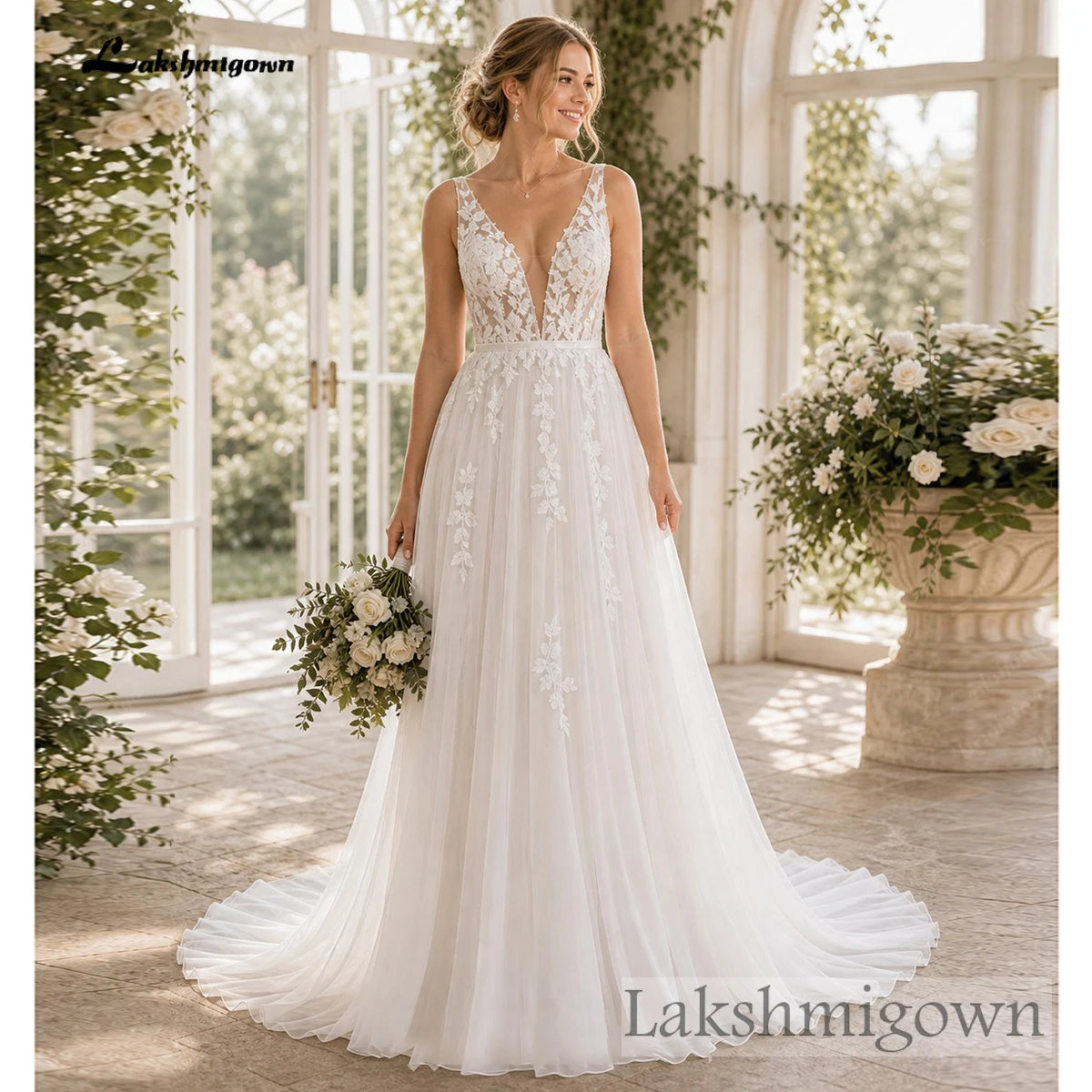 Custom Tulle Bridal Gown Deep V Neck Sleeveless Lace Appliques Wedding Dress