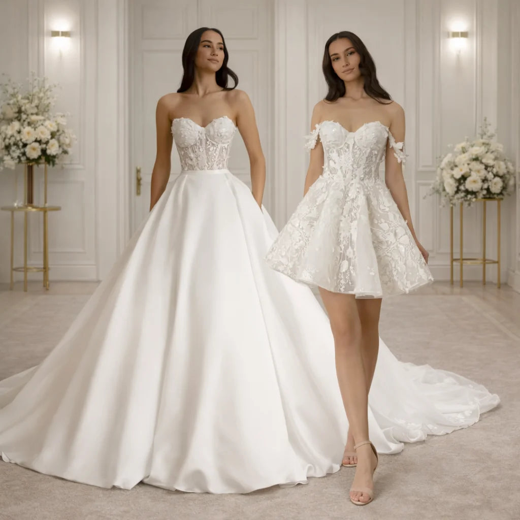 Custom 2 In 1 Wedding Dress Detachable Spaghetti Straps Lace Satin Ball Gown