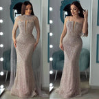 Luxury Evening Dress Nude Pearls Beaded Gown With Tulle Train LA72189A