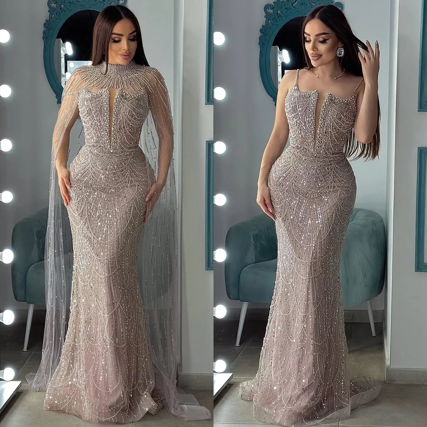 Luxury Evening Dress Nude Pearls Beaded Gown With Tulle Train LA72189A