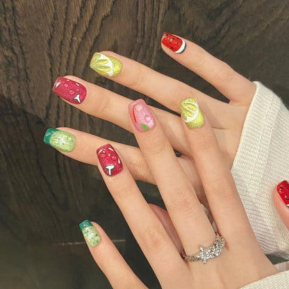 10 uñas postizas de verano con diseño de frutas y purpurina, hechas a mano, con diseño de ojo de gato, estilo hawaiano, con dopamina. 