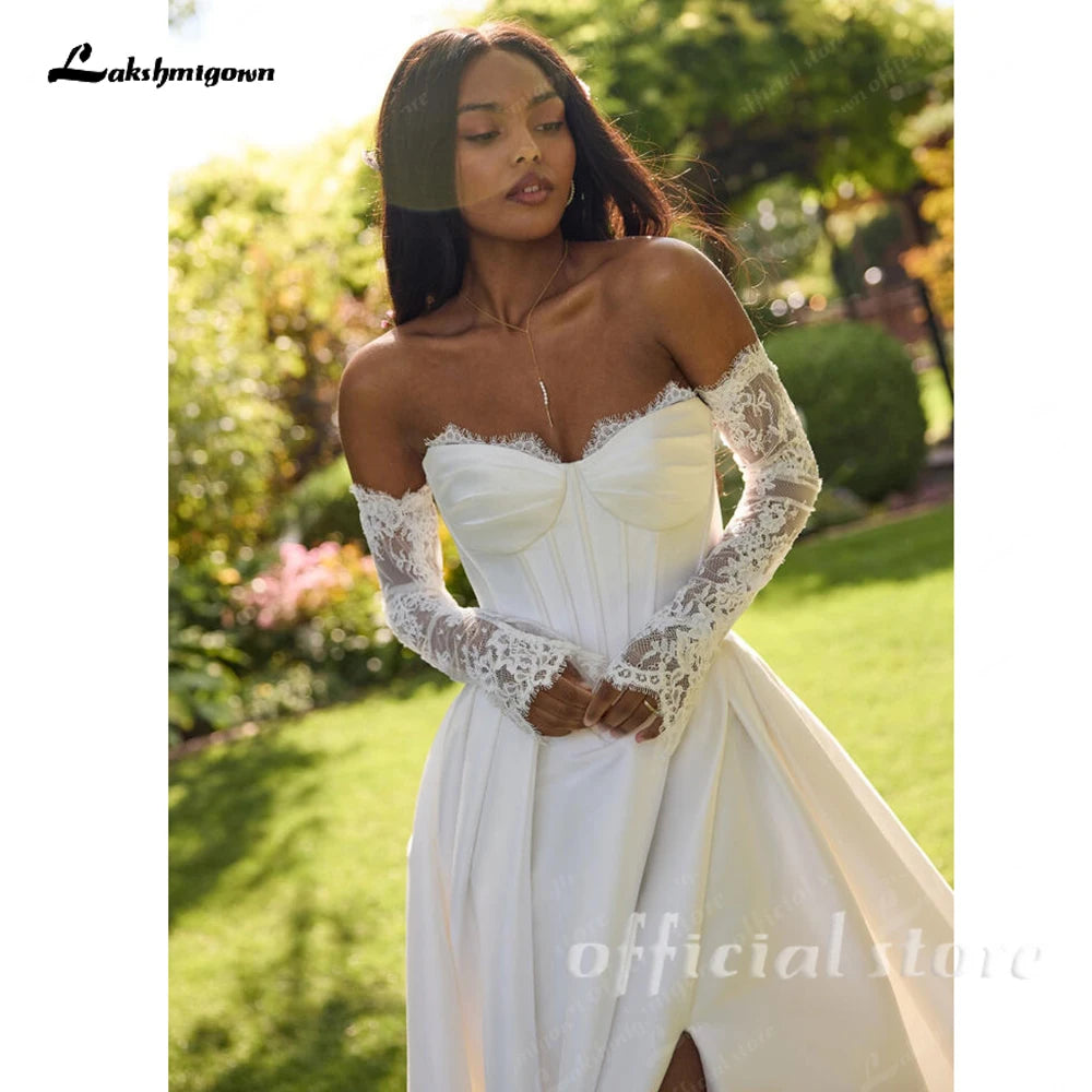 Custom A Line Satin Wedding Dress Off Shoulder Lace Long Sleeve Corset Gown