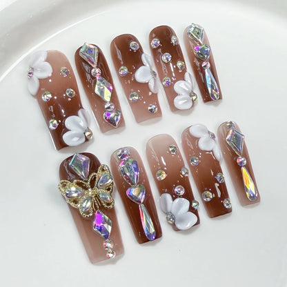 10 uñas postizas de lujo hechas a mano con diseño de ataúd brillante, con degradado marrón, blanco, flor, mariposa, diamante. 