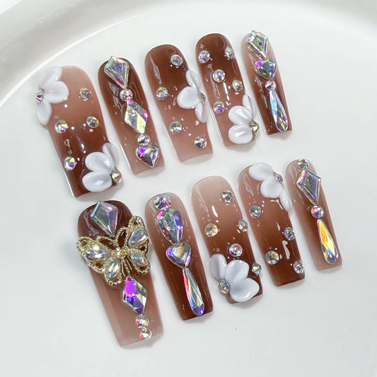 10 uñas postizas de lujo hechas a mano con diseño de ataúd brillante, con degradado marrón, blanco, flor, mariposa, diamante. 