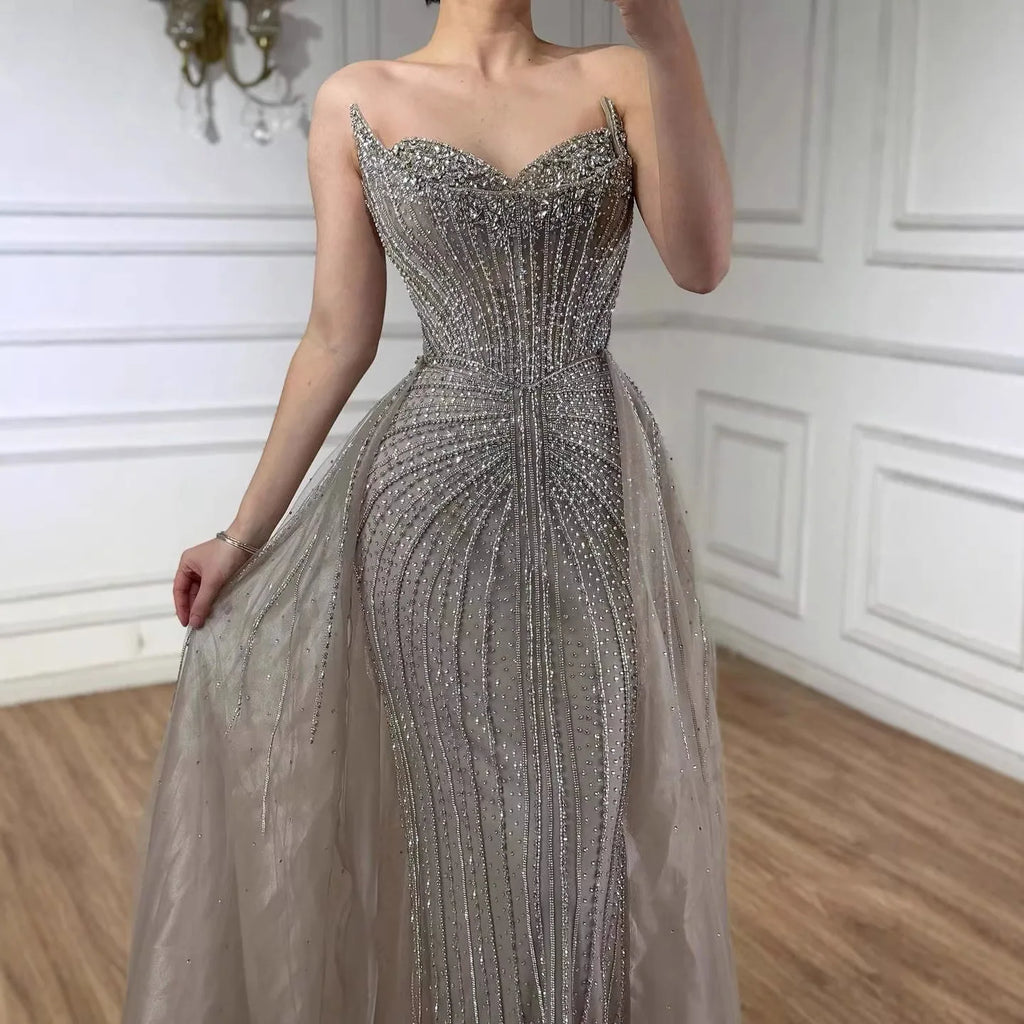 Strapless Caramel Beaded Tulle Evening Dress Sweetheart Formal Gown