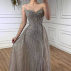 Strapless Caramel Beaded Tulle Evening Dress Sweetheart Formal Gown