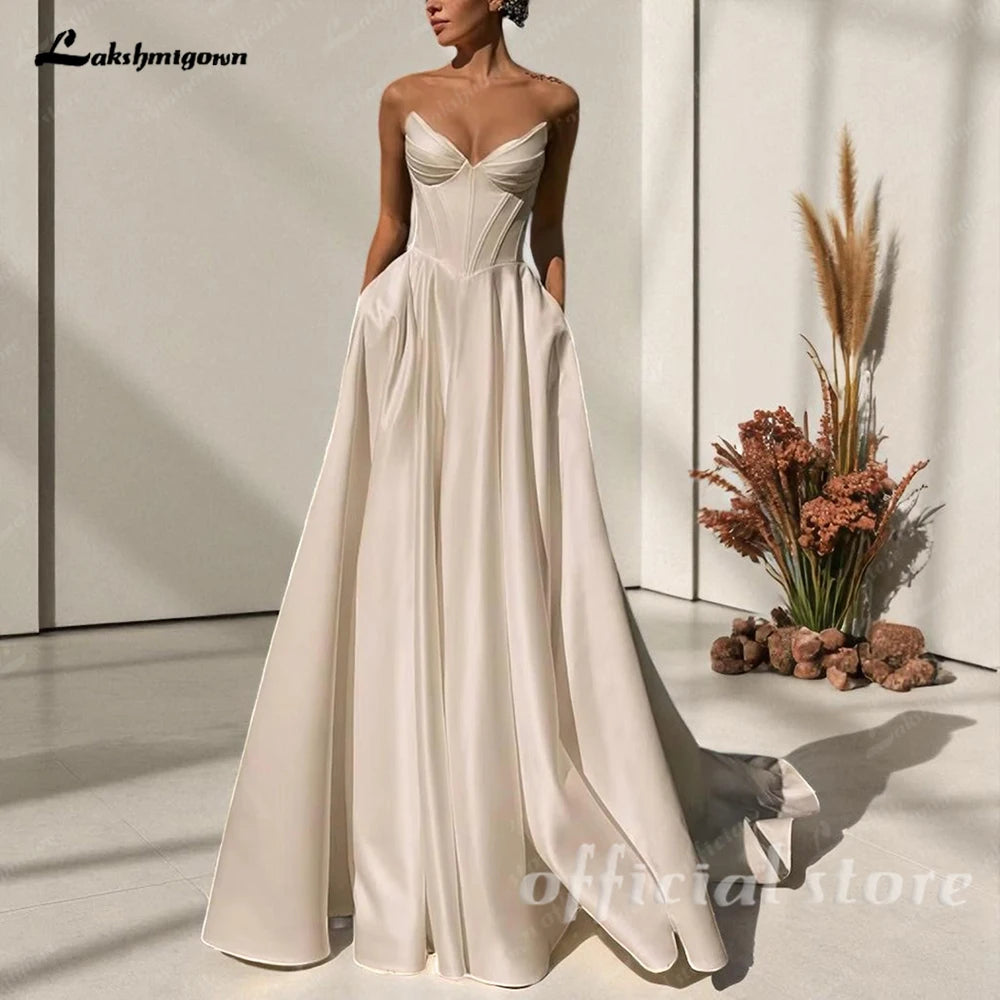 Lakshmigown Satin A-Line Wedding Dress Strapless V-Neck Customized