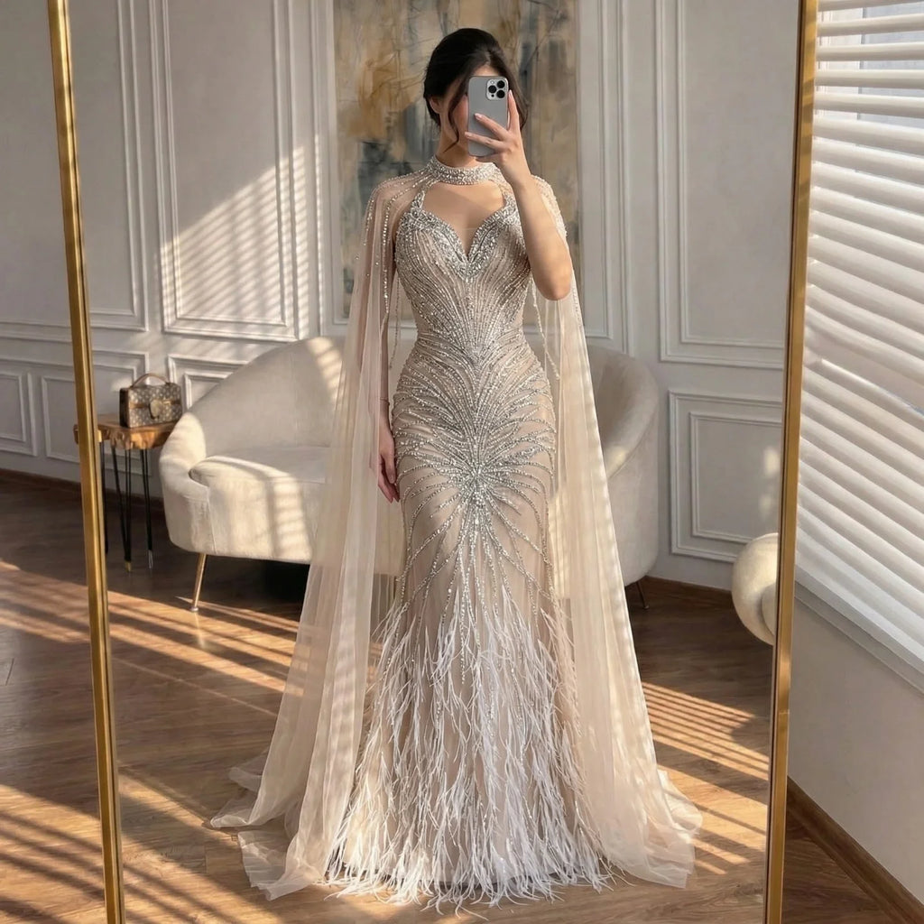 Customized White Nude Mermaid Evening Dress With Cape And Beaded Feathers