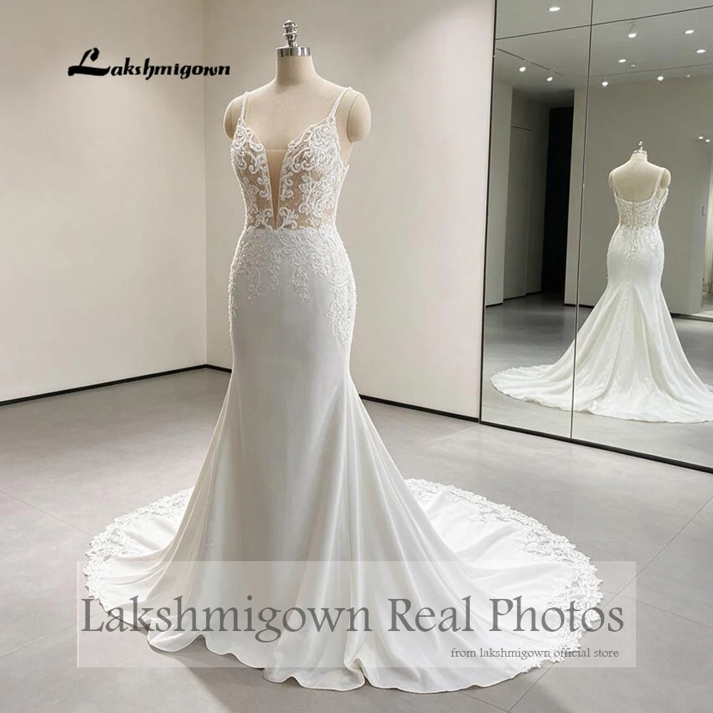 Custom Lace Mermaid Wedding Dress Beaded V Neck Spaghetti Straps Chapel Train