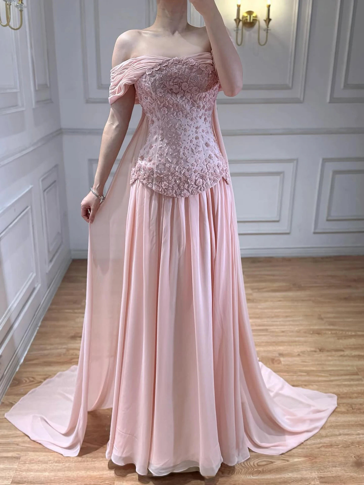 Pink Chiffon Evening Dress Off Shoulder Cape Back Formal Party Gown 2026