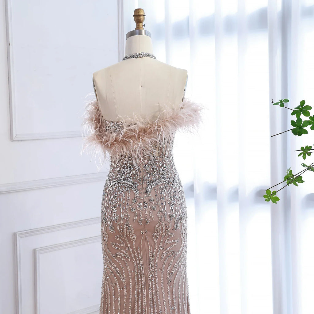 Luxury Nude Halter Feather Crystal Evening Dress LA73349