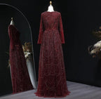 Contessa Custom formal gown elegant beaded tulle evening dress long sleeve boat neck floor length A line glam sparkly prom party